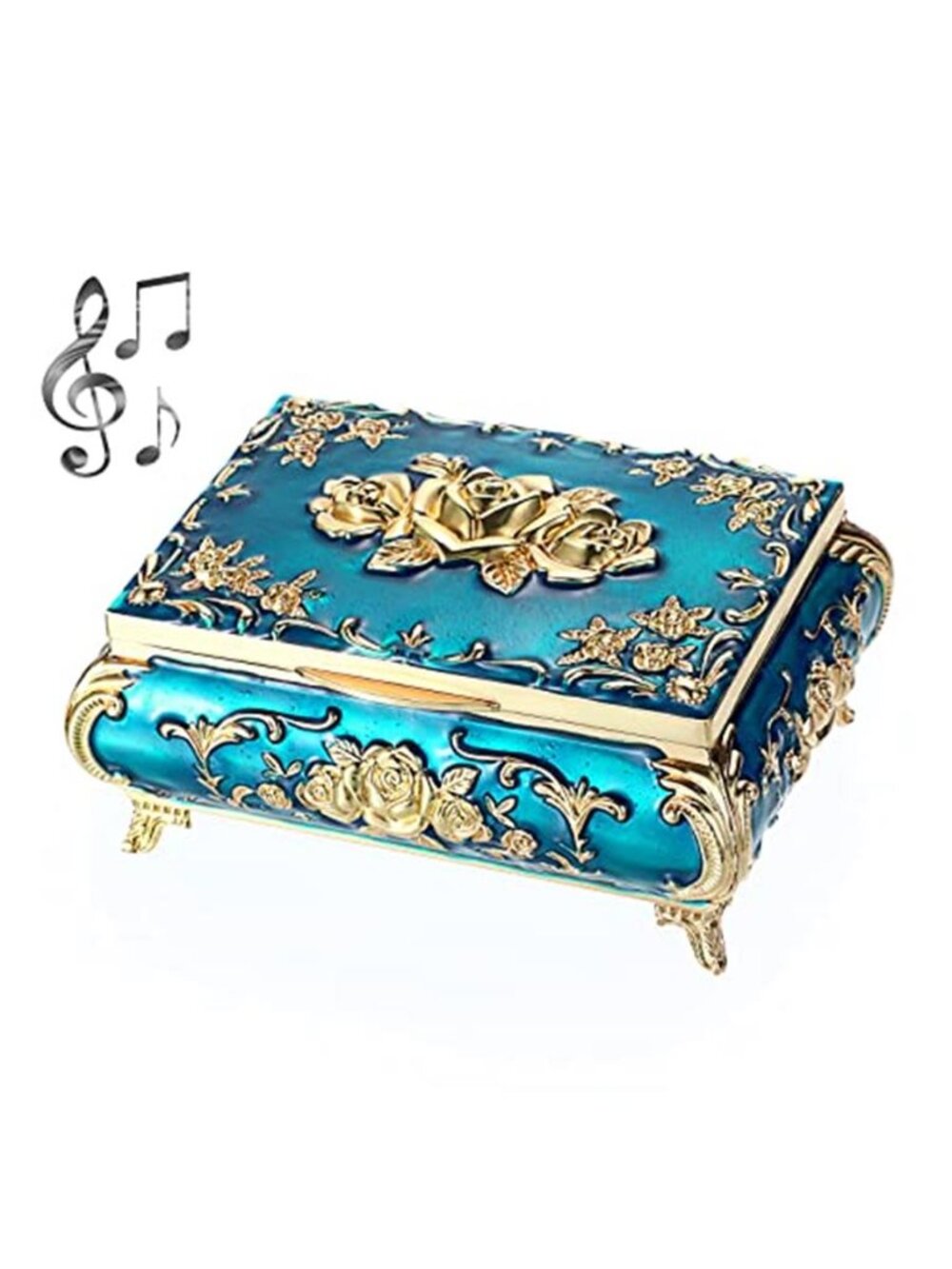 Vintage Music Box, Blue Metal Musical Jewelry Box Keepsake Box